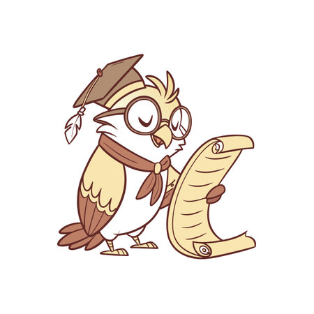 Cartoon owl reading a scroll wearing glasses and mortarboardのイラスト素材