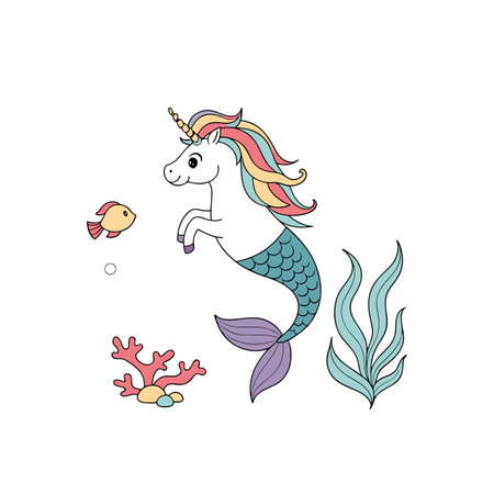 Whimsical mermaid unicorn with fish, coral and seaweed elementsのイラスト素材