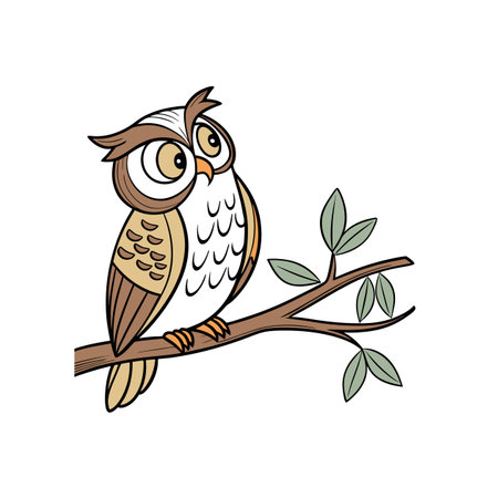 Cartoon owl perched on branch, looking to the sideのイラスト素材
