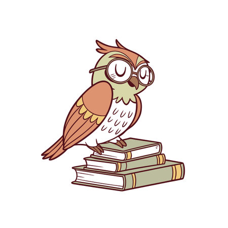 Cartoon owl wearing glasses perched atop a book stackのイラスト素材