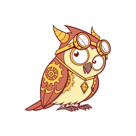 Cartoon steampunk owl illustration with gears and goggles designのイラスト素材