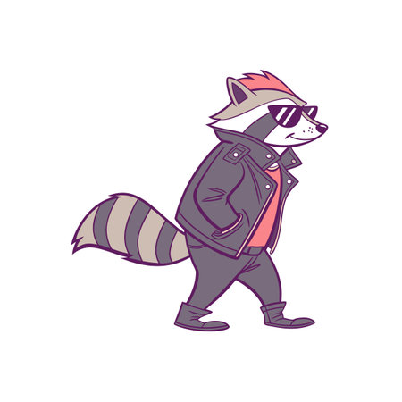 Cool raccoon character wearing leather jacket and sunglasses walkingのイラスト素材