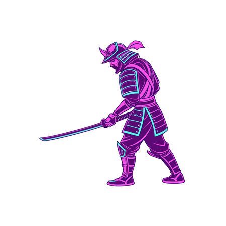 Neon Samurai Warrior with Sword in a Dynamic Poseのイラスト素材