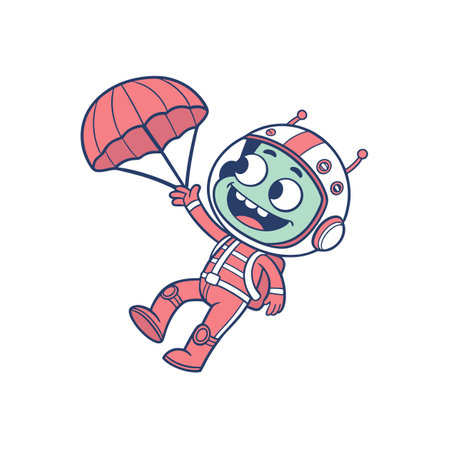 Cartoon astronaut with parachute floating through space cheerfully smilingのイラスト素材