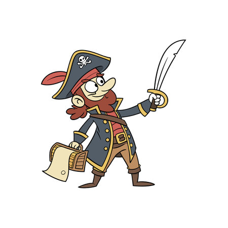 Cartoon pirate with map and sword on white backgroundのイラスト素材