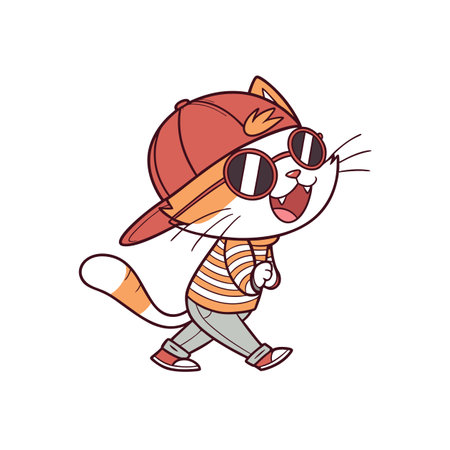 Fun cartoon cat walking with hat and sunglassesのイラスト素材
