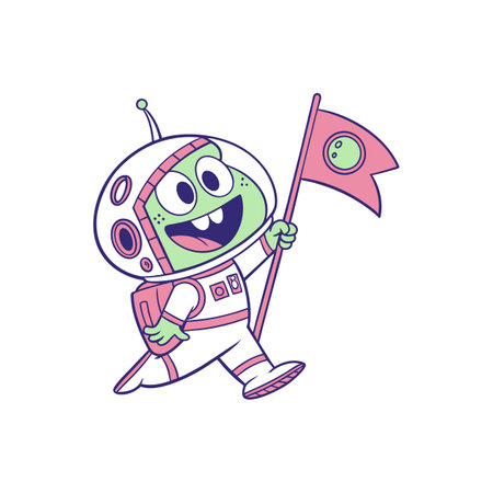 Cartoon alien astronaut planting flag on new planetのイラスト素材