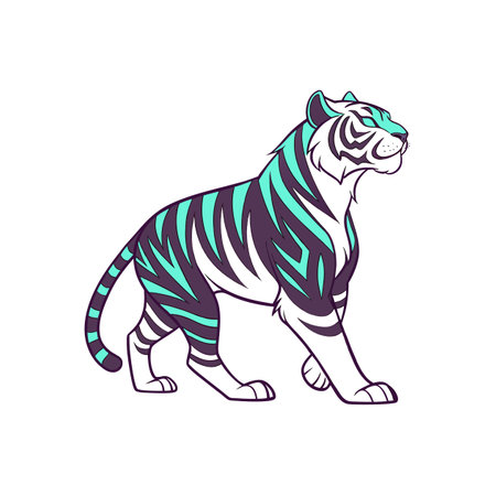 Striking Teal and Purple Striped Tiger Illustration on White Backgroundのイラスト素材