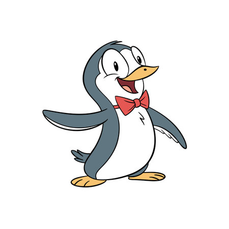 Cartoon penguin with bow tie spreading wings on whiteのイラスト素材
