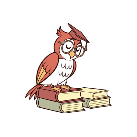 Wise owl wearing glasses and graduation cap on booksのイラスト素材