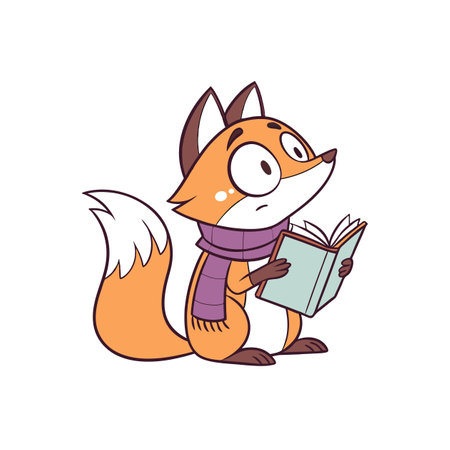 Cartoon fox engrossed in reading a book with scarfのイラスト素材