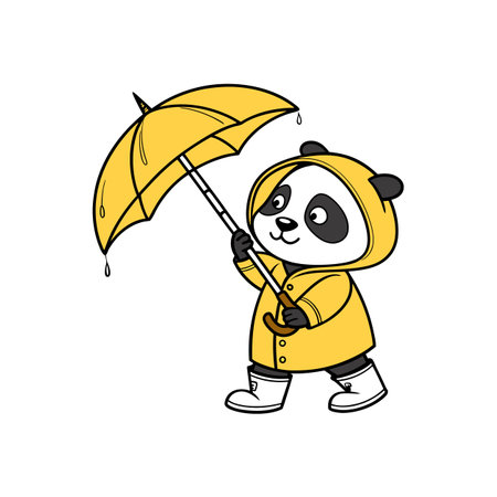 Cartoon panda bear in raincoat with umbrella illustrationのイラスト素材