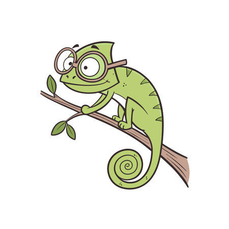 Cartoon chameleon with glasses on a branch illustrationのイラスト素材