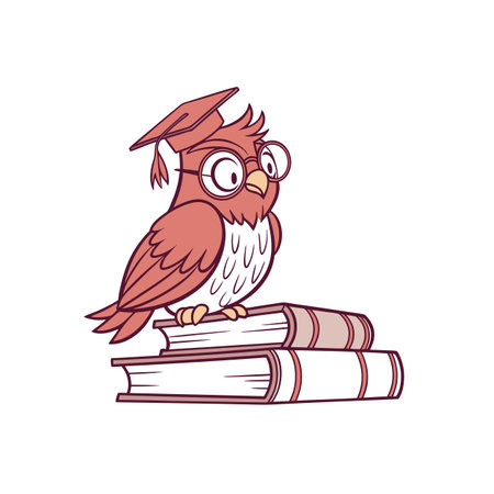 Cartoon owl wearing glasses and graduation cap on booksのイラスト素材