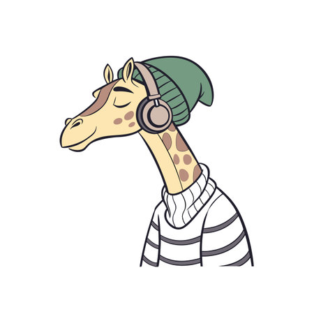 Cartoon giraffe with headphones and beanie enjoying musicのイラスト素材