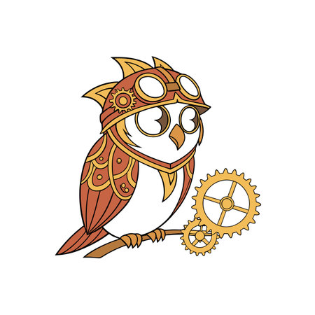 Steampunk owl illustration with gears on branch perchのイラスト素材