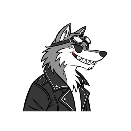 Cartoon wolf biker with leather jacket and pilot gogglesのイラスト素材