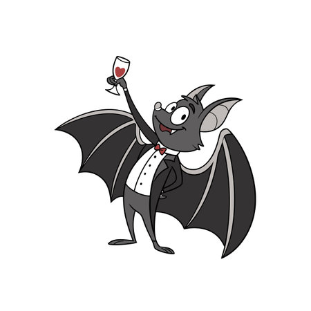 Cartoon bat in tuxedo raises glass of heart wineのイラスト素材