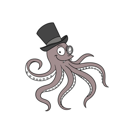 Cartoon octopus character wearing a top hat and monocleのイラスト素材