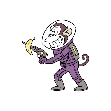 Cartoon monkey astronaut in spacesuit with banana blasterのイラスト素材