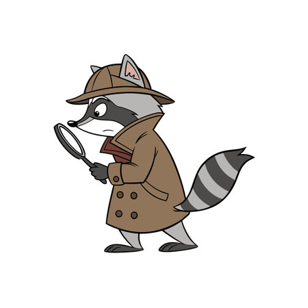 Cartoon raccoon detective with magnifying glass, investigation conceptのイラスト素材