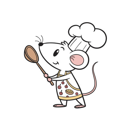 Cartoon chef mouse with a spoon wearing a chef's hatのイラスト素材