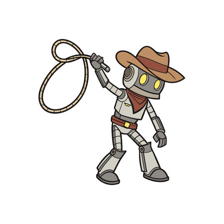 Cartoon Robot Cowboy With Lasso on Isolated White Backgroundのイラスト素材