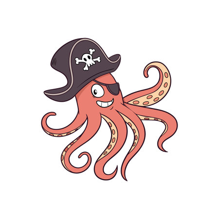 Cartoon octopus wearing pirate hat against a white backgroundのイラスト素材