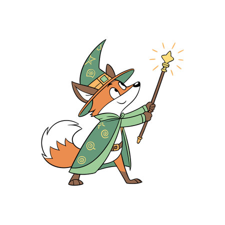 Whimsical fox wizard casting spell with star-topped magic wandのイラスト素材