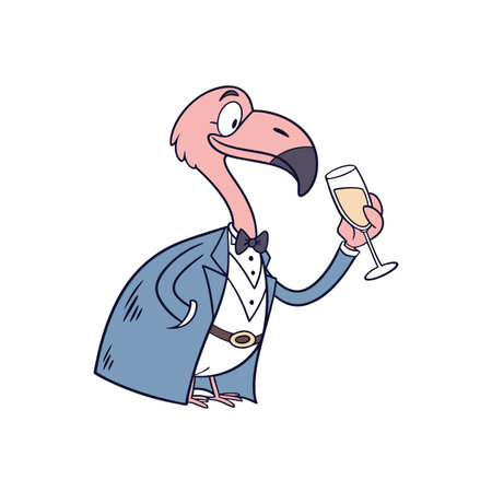 Cartoon flamingo dressed in tuxedo holding glass of champagneのイラスト素材