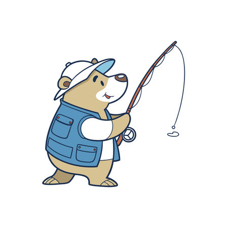 Cartoon bear with fishing rod and tackle box vestのイラスト素材