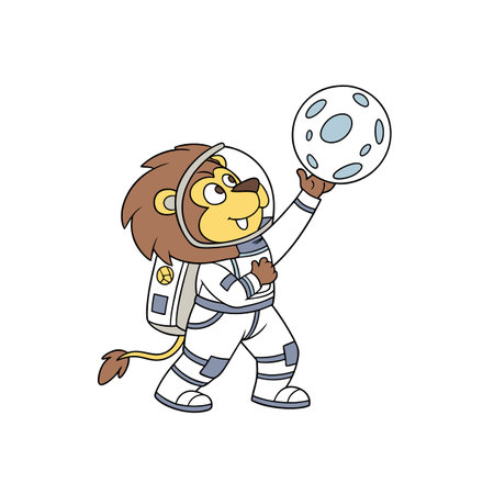 Cartoon Lion Astronaut Touching Cartoon Moon in Space Illustrationのイラスト素材