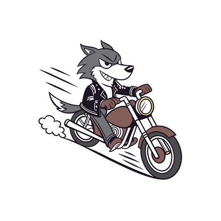 Cartoon wolf biker speeding along on a motorcycle
