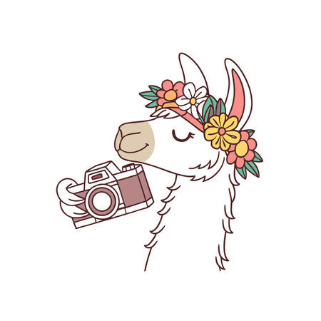 Whimsical Llama Photographer with Floral Crown and Cameraのイラスト素材