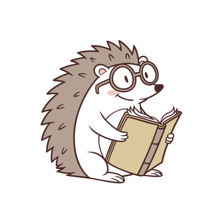 Cute cartoon hedgehog reading a book with glassesのイラスト素材
