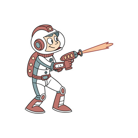 Cartoon astronaut aiming ray gun in retro styled illustrationのイラスト素材