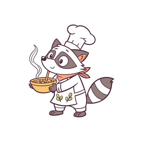Cute cartoon raccoon chef character preparing meal illustrationのイラスト素材
