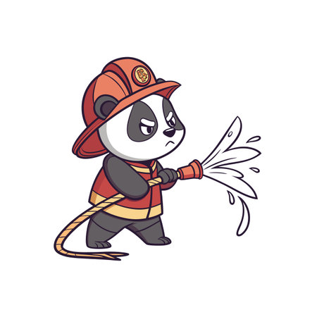 Cartoon panda firefighter spraying water, vector illustration isolatedのイラスト素材