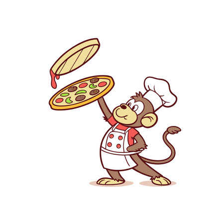 Cartoon monkey chef preparing and serving delicious pizzaのイラスト素材