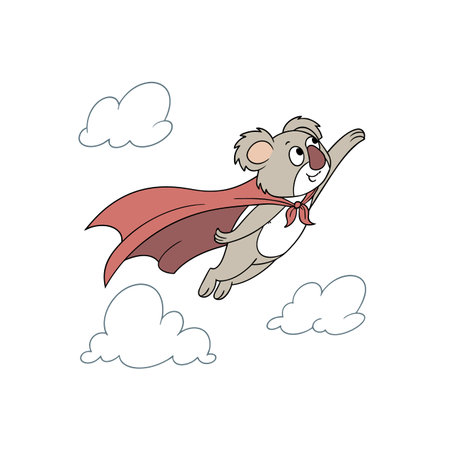Cartoon koala superhero soaring through the fluffy white cloudsのイラスト素材