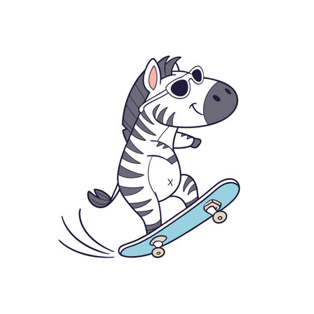 Cartoon zebra with sunglasses riding skateboard on white backgroundのイラスト素材