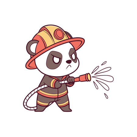 Cartoon Panda Firefighter Extinguishing Fire with Hose Illustrationのイラスト素材