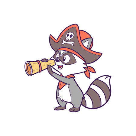 Cartoon raccoon pirate looking through telescope on white backgroundのイラスト素材