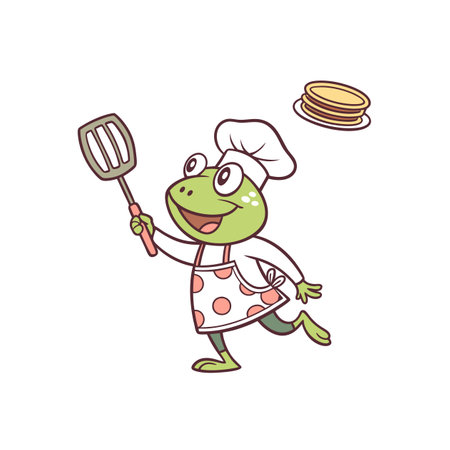 Cheerful Frog Chef with Pancakes and Spatula Illustrationのイラスト素材