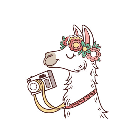 Cartoon Llama with Flowers and Camera Isolated on Whiteのイラスト素材