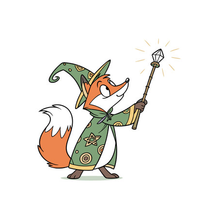 Cartoon fox wizard casting spell with magic crystal wandのイラスト素材