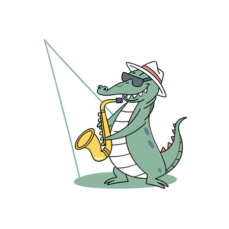 Cartoon alligator playing a saxophone with cool styleのイラスト素材