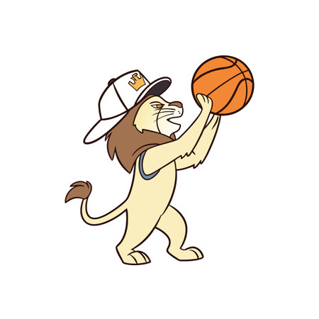Cartoon lion wearing cap holding a basketball, isolated illustrationのイラスト素材