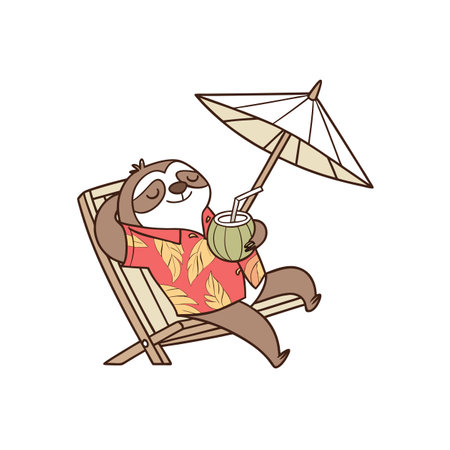 Relaxing sloth cartoon enjoying summer vacation on the beachのイラスト素材