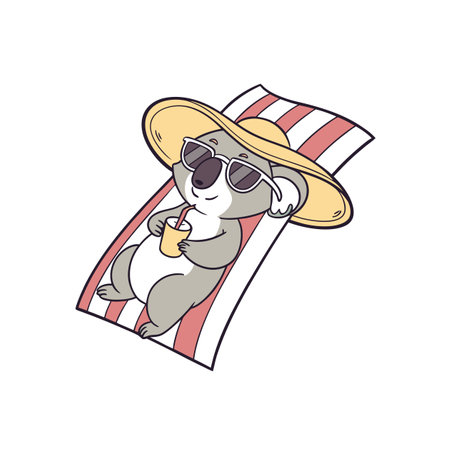Cartoon koala relaxing on a beach towel with drinkのイラスト素材